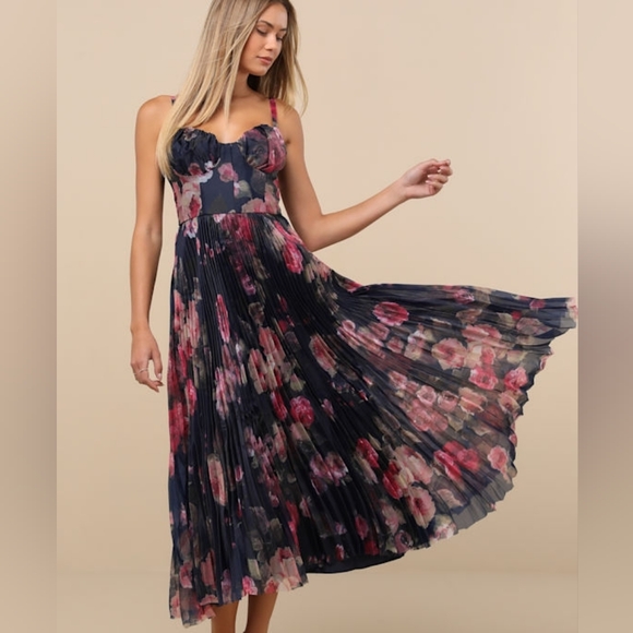 Lulus Dresses & Skirts - Lulus Alluring Invite Midnight Blue Floral Pleated Bustier Midi Dress